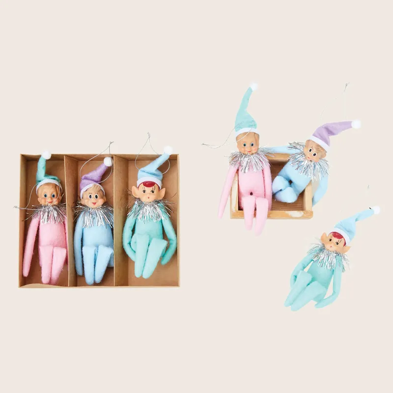 S/3 Fabric Elf Ornaments Blue & Pink - Creative Co-Op