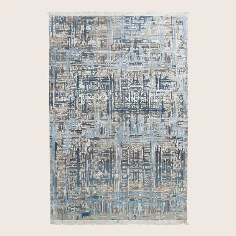 Blue Grey Contemporary Wool Art Silk Blend Rug - 4'2" x 6'1"