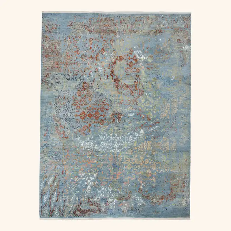 Blue Contemporary Wool Art Silk Blend Rug - 9'2" x 12'3"