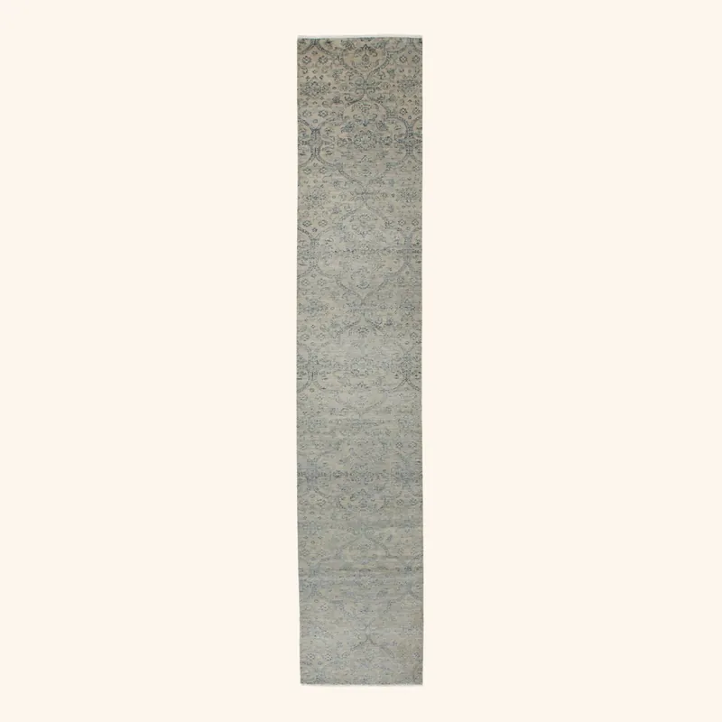 Blue Grey Transitional Wool Art Silk Blend Runner - 2'7" x 16'