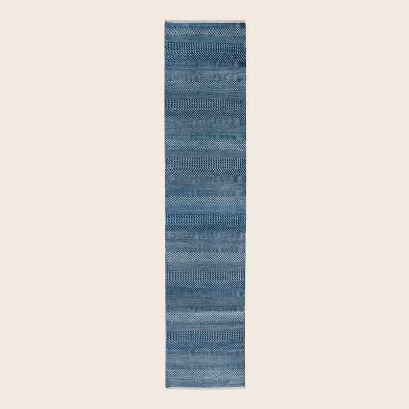 Blue Contemporary Wool Art Silk Blend Runner - 2'6" x 12'1"