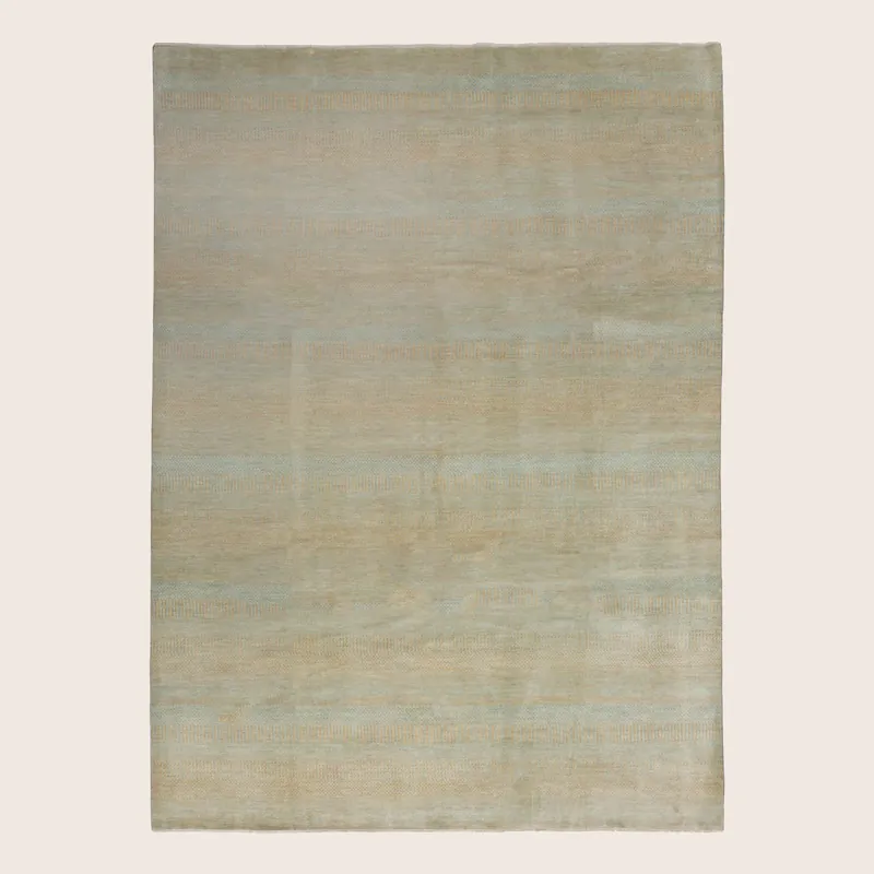 Biege Blue Textured Wool Art Silk Blend Rug - 9' x 12'2"