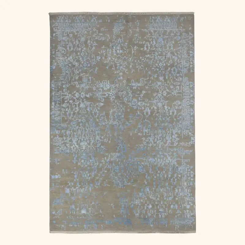 Blue Grey Transitional Wool Art Silk Blend Rug - 6' x 9'1"