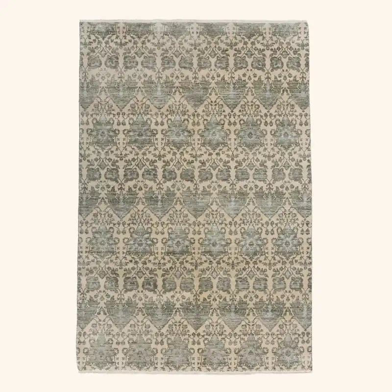 Beige Green Transitional Wool Art Silk Blend Rug - 6'1" x 9'2"