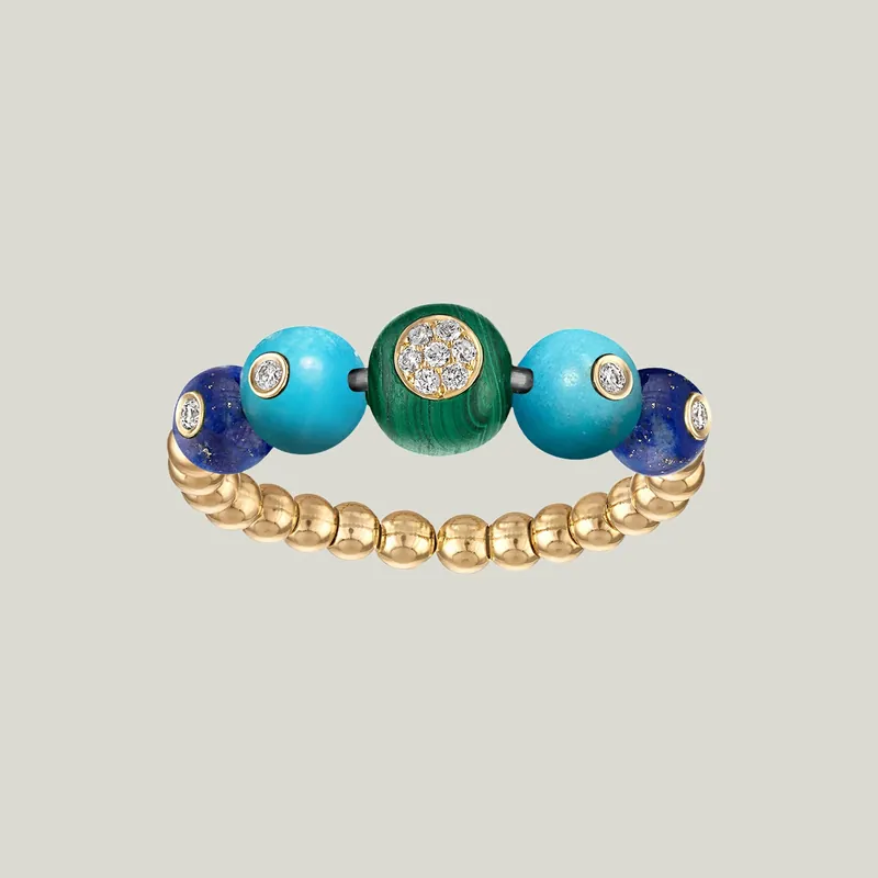 Beaded Bubbles Stack Ring, Yellow Gold, Malachite, Lapis, Turquoise, Size 7 - Eden Presley (Consigned)