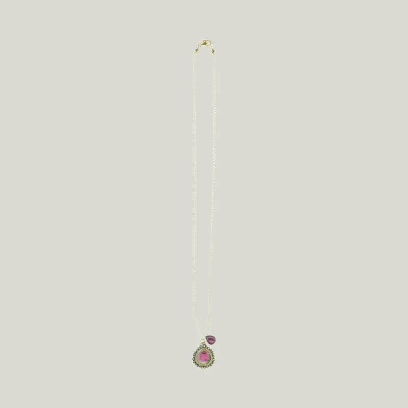 Caged Orbit Drop Necklace - Watermelon Tourmaline, Pyrite, Pink Tourmaline