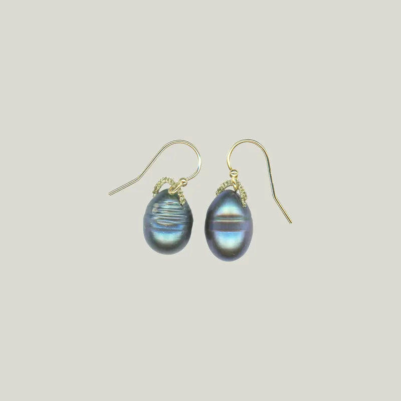 Woven Gold Bale Drops Earrings With Peacock Blue Pearl Drop - Danielle Welmond (Leased)