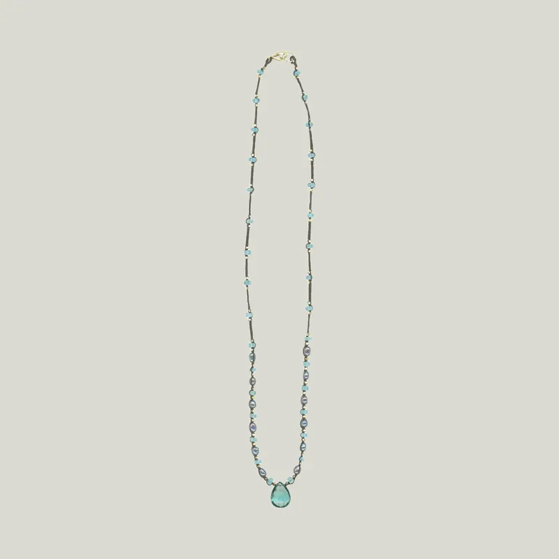 Apatite, Gold Pyrite, Peacock Pearl and Aqua Quartz Drop Necklace - Danielle Welmond (Leased)