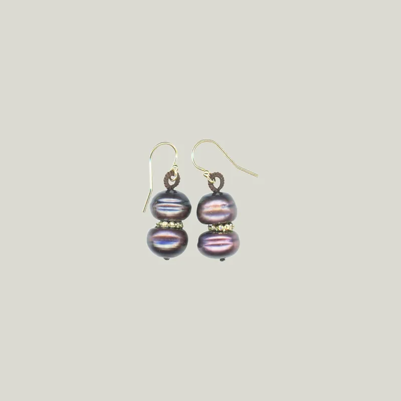 Gold Pyrite and Peacock Brown Pearl Earrings - Danielle Welmond (Leased)