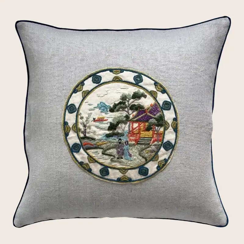 Vintage Wool Embroidery Pillow, Serene Pavilion - Threads Soft Goods
