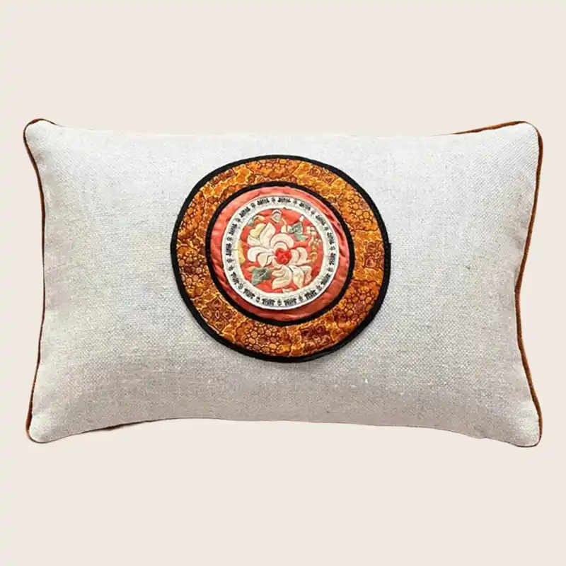 Vintage Silk Embroidery Lumbar Pillow, Chrysanthemum Ember - Threads Soft Goods