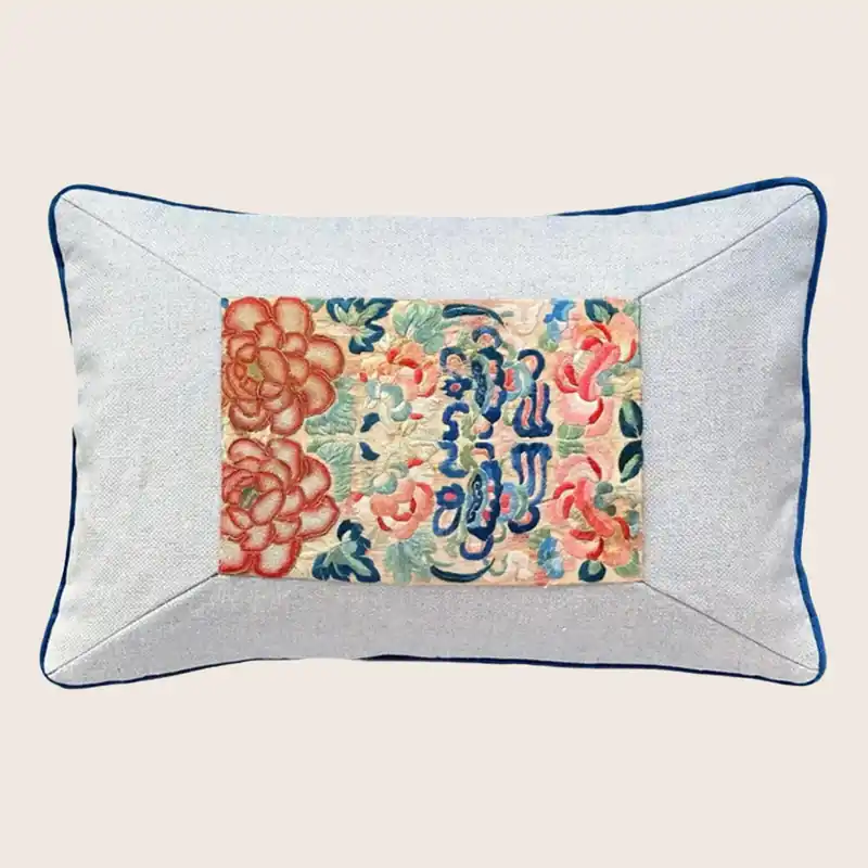 Antique Silk Embroidery Lumber Pillow, Floral - Threads Soft Goods
