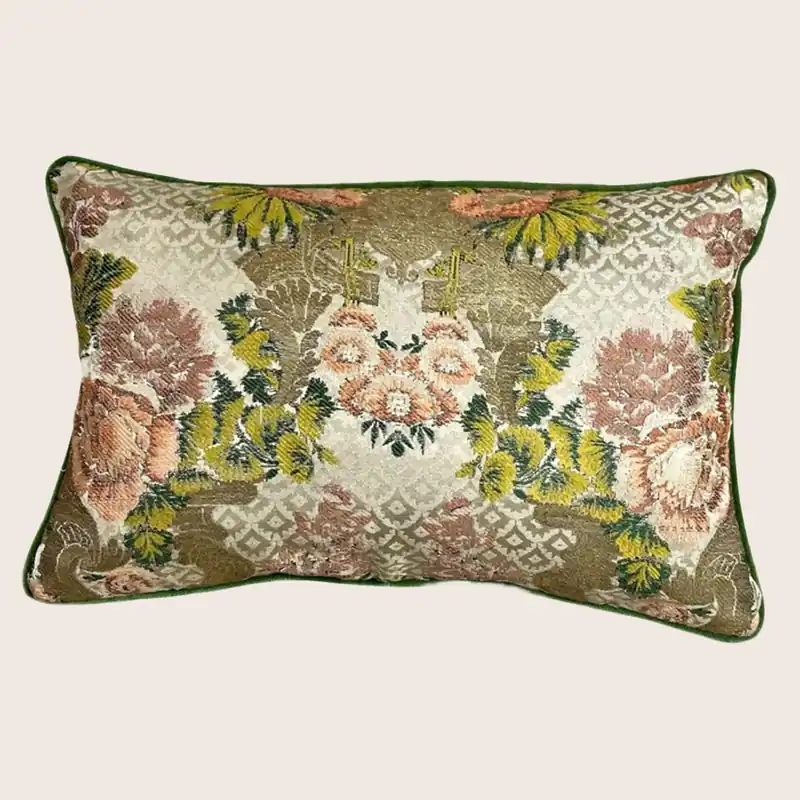 Antique Silk Brocade Pillow, Rosette Tapestry - Threads Soft Goods