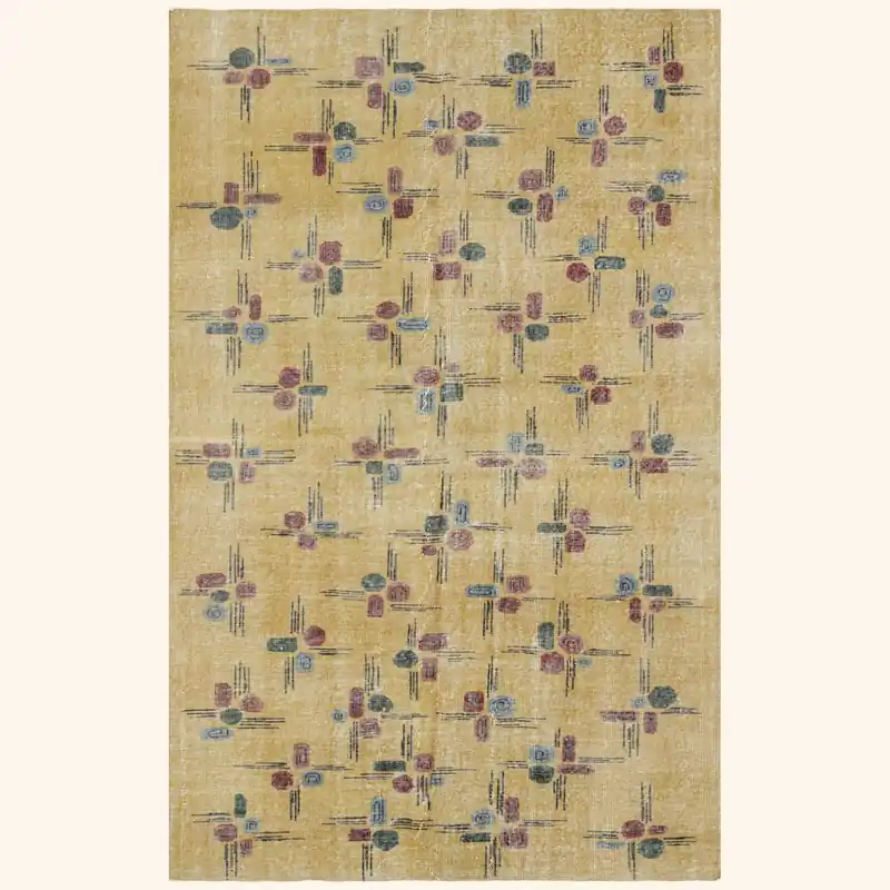 Yellow Vintage Antique Traditional Deco Wool Rug - 4'11" x 7'10"