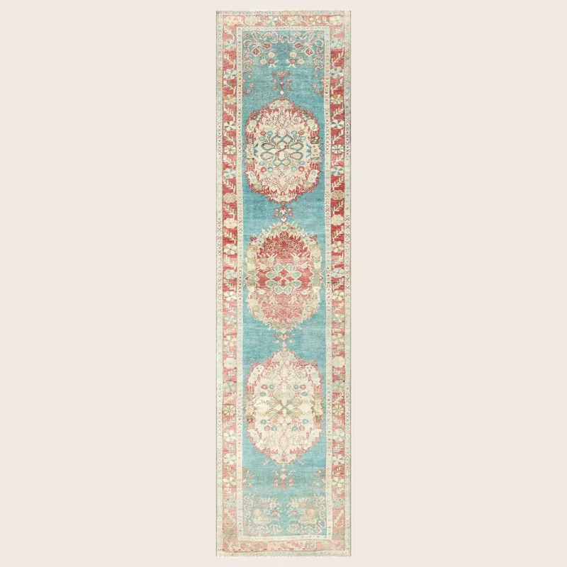 Blue Vintage Antique Traditional Oushak Wool Runner - 2'7" x 10'6"