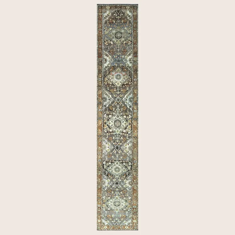 Brown Blue Vintage Antique Traditional Melayer Wool Runner - 3'1" x 16'3"