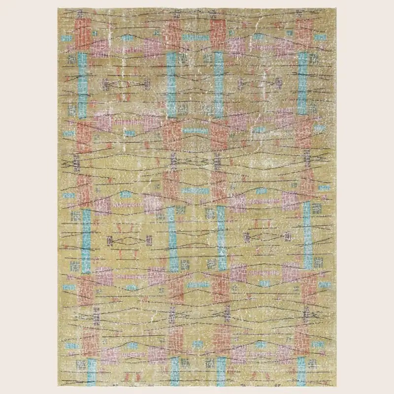 Yellow Vintage Antique Contemporary Deco Wool Rug - 6'11" x 9'6"