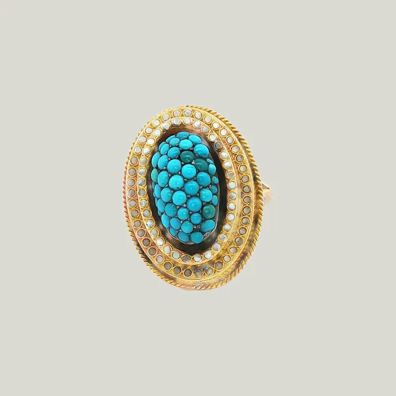 Victorian Turquoise and Enamel Cluster Ring in 14k Gold - Odeon Collection (Leased)