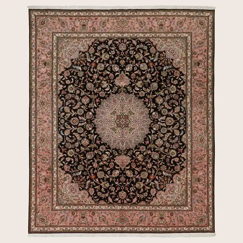 Black Traditional Persian Tabriz Wool Rug - 8'2" x 10'