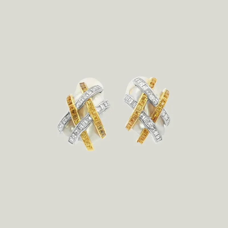 Platinum, Gold, Diamond, Yellow Sapphire, and Pearl Earrings - Odeon Collection (Leased)