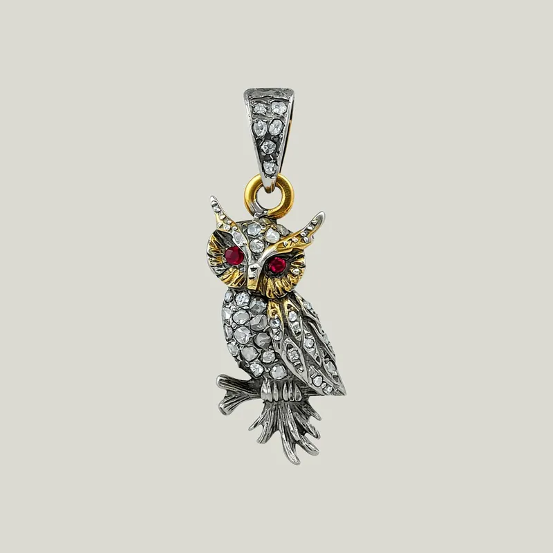 Victorian Gold on Silver Diam, Ruby Owl Pendant - Odeon Collection (Leased)