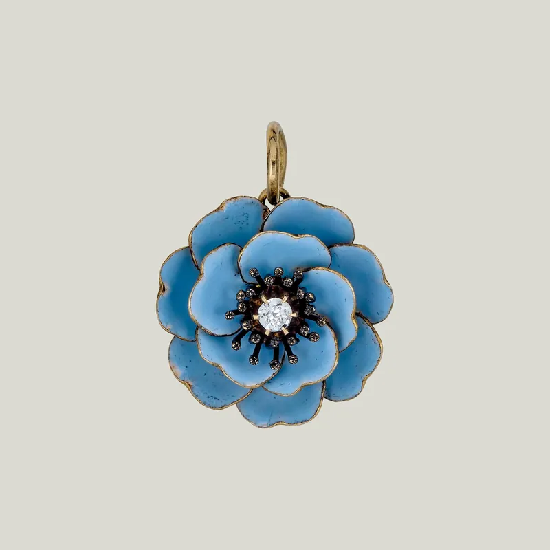 14KYG Blue Enamel 0.045 ct. Diamond Flower Pendant - Odeon Collection (Leased)