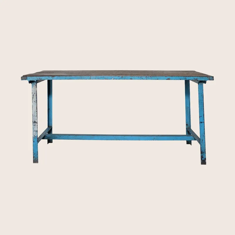 Vintage Teal Iron Table w/ Wood Top - Golden Oldies
