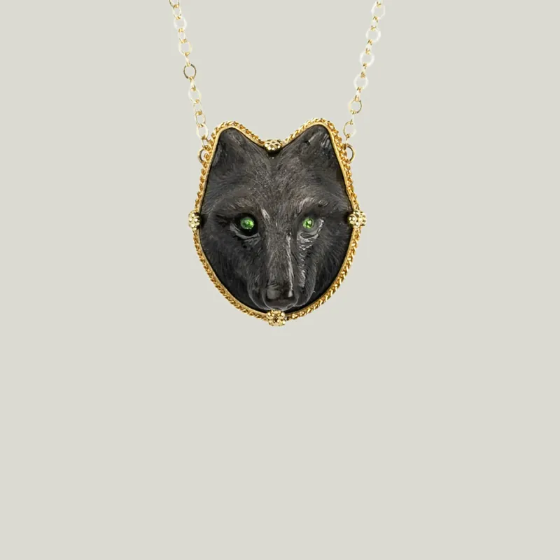 Obsidian And Tsavorite Wolf Necklace - Amali (Consigned)