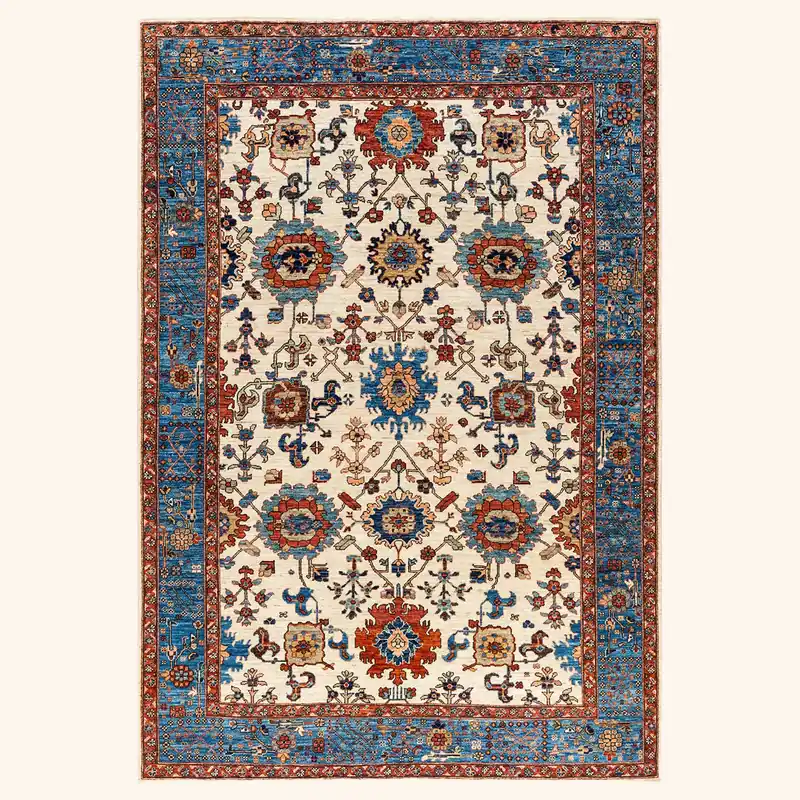 Beige Blue Traditional Serapi Wool Rug - 6'1" x 9'