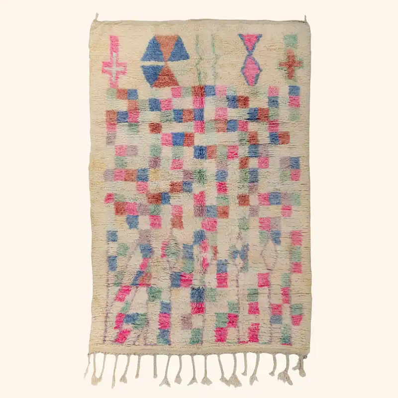Ivory Multicolored Moroccan Berber Wool Rug - 4'11" x 8'6"