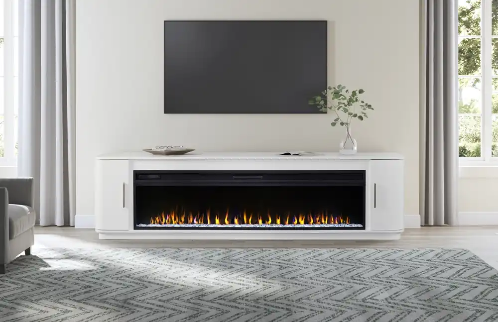 Martin Furniture Uptown White 84" TV Stand w/ Fireplace