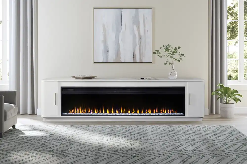 Martin Furniture Uptown White 96" TV Stand w/ Fireplace