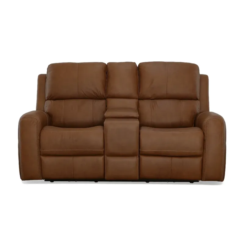 Flexsteel Linden Caramel Leather Power Reclining Loveseat with Console