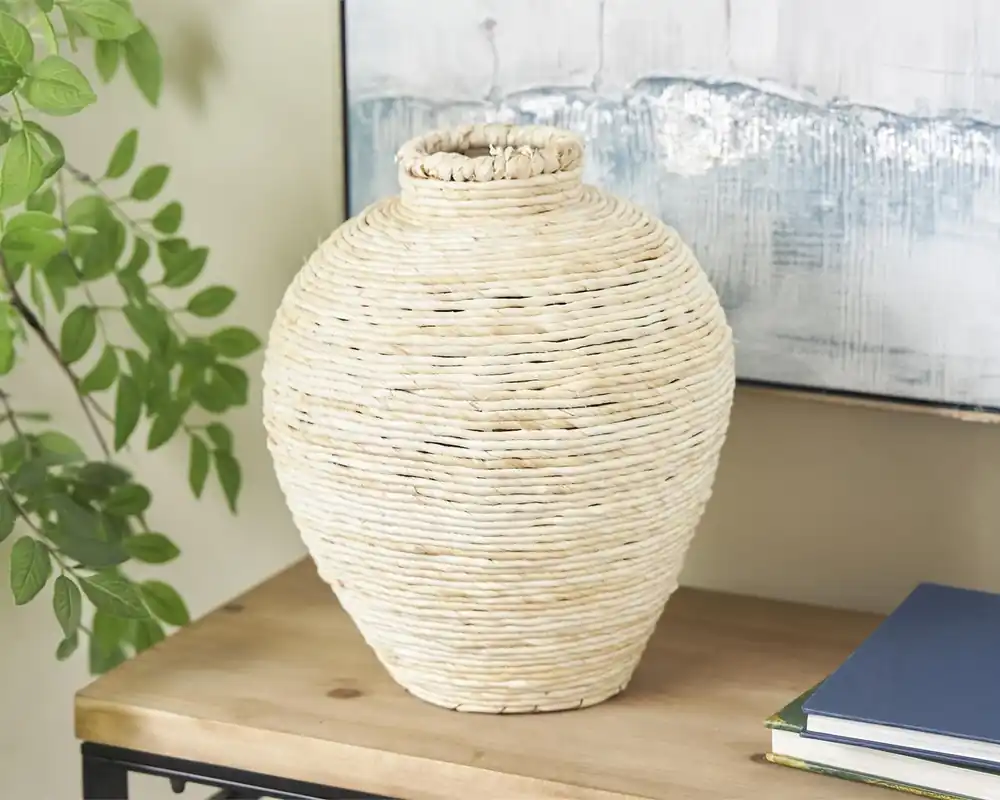 Deco Marché Seagrass-Wrapped Vase in Cream - 14-Inch