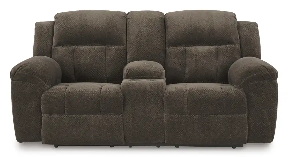 Ashley Frohn Chocolate Reclining Loveseat with Console