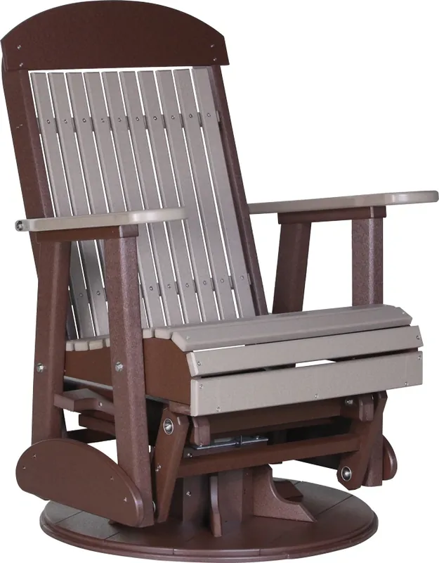 Amish Outdoors Classic High-Back Weatherwood/Chestnut Adirondack Swivel Glider Chair
