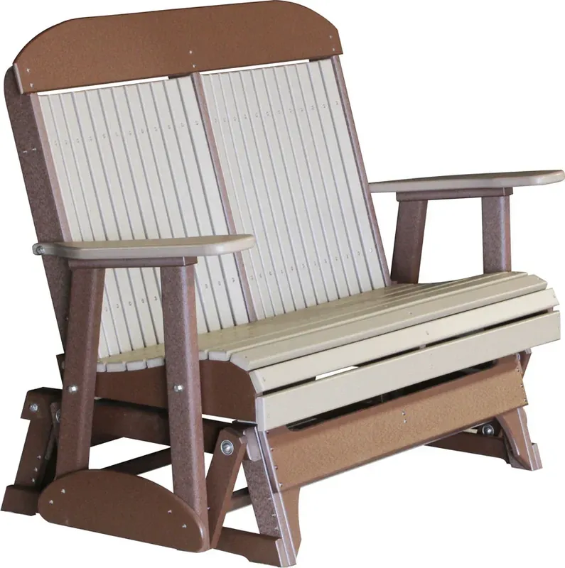 Amish Outdoors Classic High-Back Weatherwood/Chestnut Adirondack Glider Loveseat