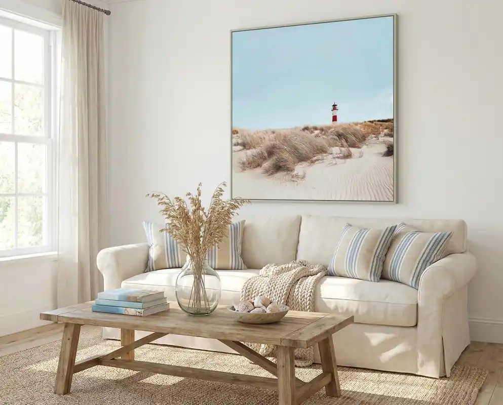 Classy Art Lighthouse on the Beach Framed Canvas Wall Art - 39 x 39