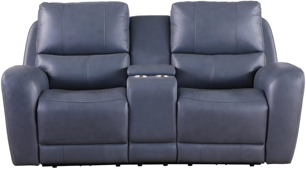 Leather Italia Bel Air Leather Lay-Flat Power Reclining Loveseat with Console in Persian Blue