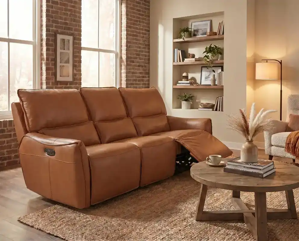 Leather Italia Portland Leather Lay-Flat Power Reclining Sofa in Desert Brown
