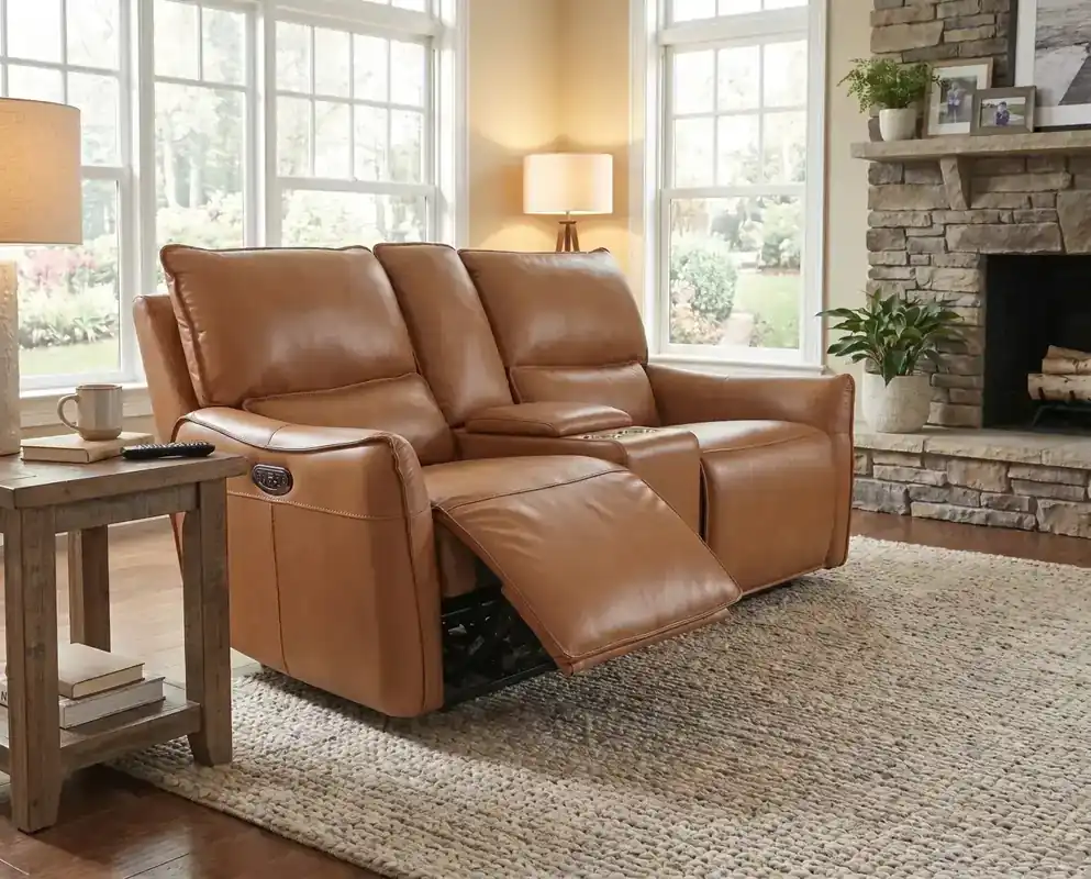 Leather Italia Portland Leather Power Reclining Loveseat with Console in Desert Brown