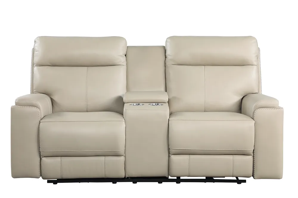 Leather Italia Bryant Leather Power Loveseat with Console in Taupe