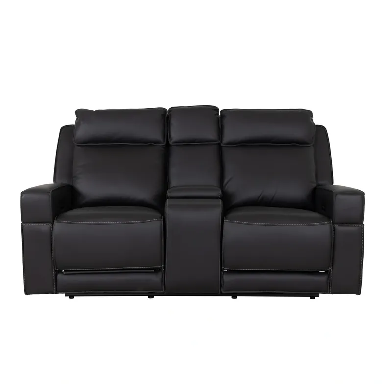 Leather Italia Valley Power Reclining Loveseat with Console in Black Leather