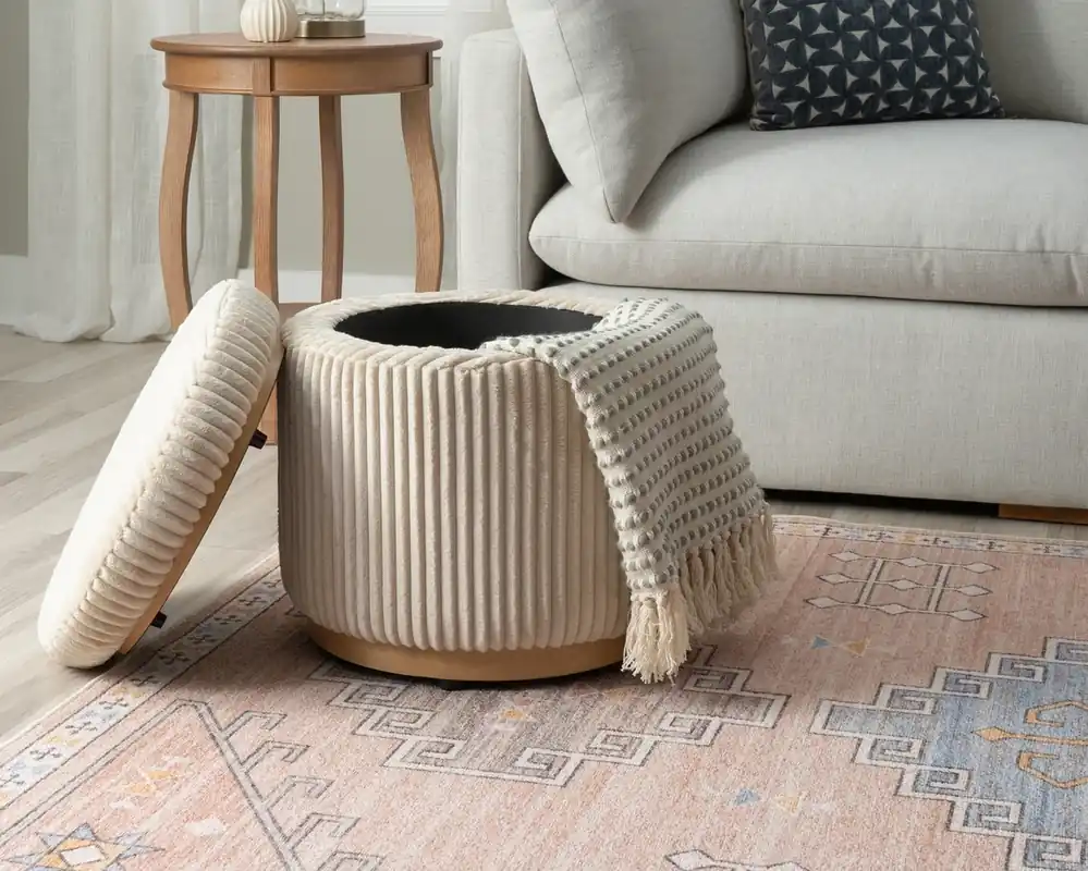 Linon Sunny Corduroy Storage Ottoman in Cream