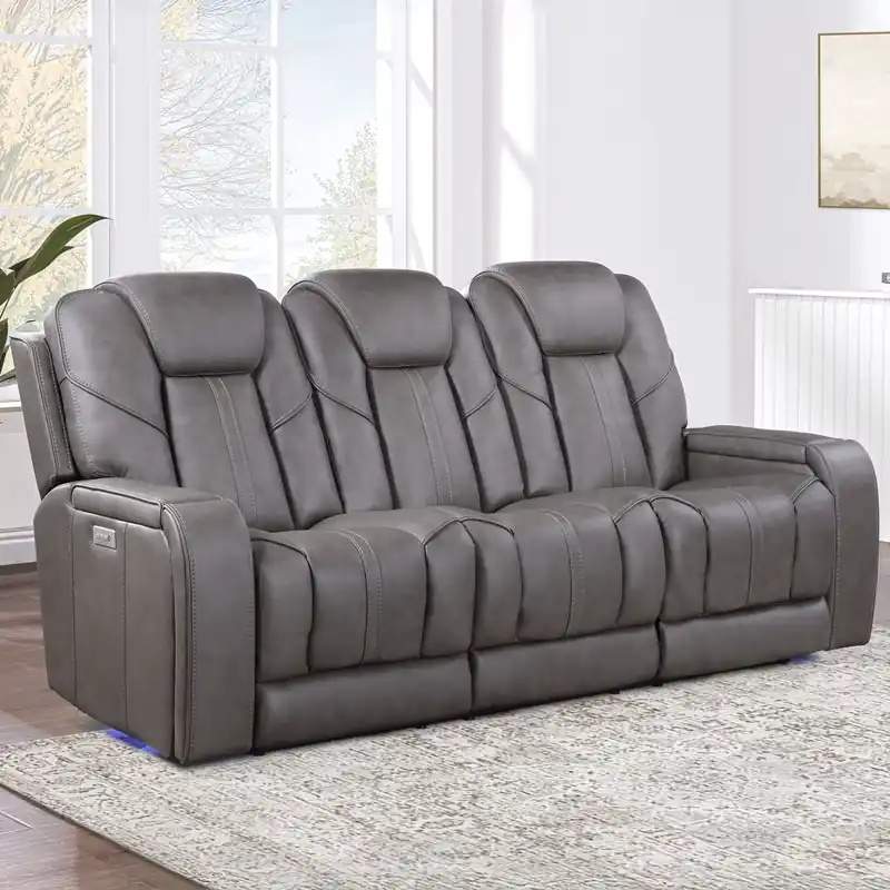 Steve Silver Daniel Gray Leather Triple-Power Reclining Sofa with Dropdown Console