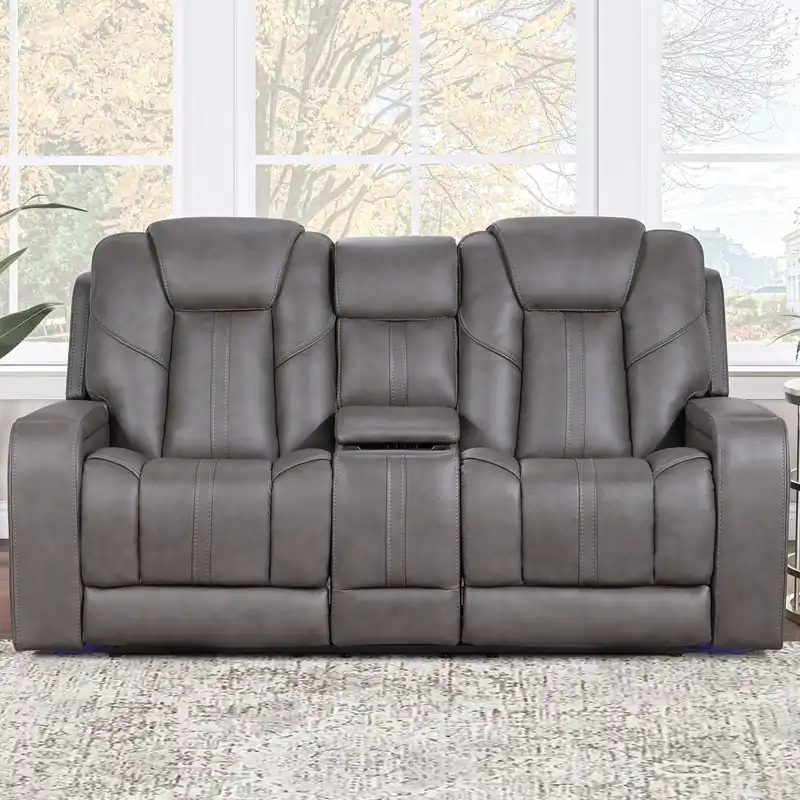 Steve Silver Daniel Gray Leather Triple-Power Reclining Loveseat with Console