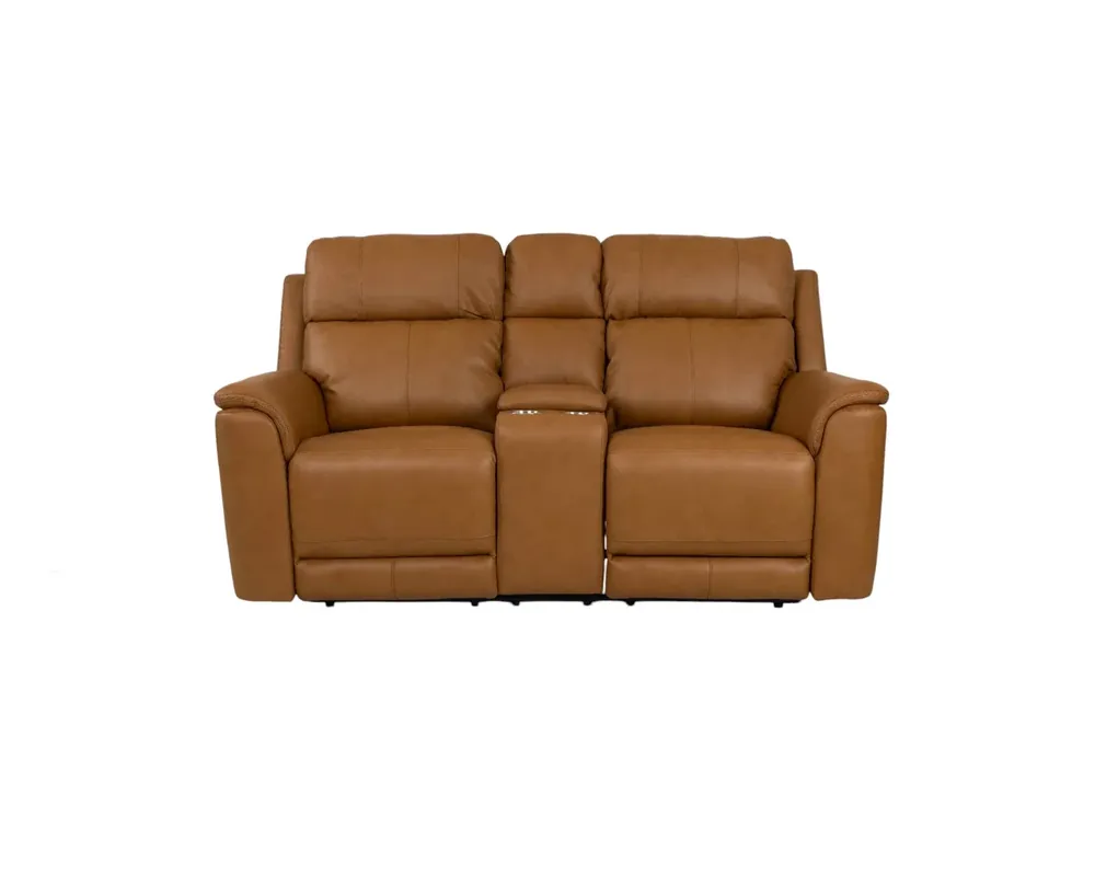 Elements Int'l Mustang Leather Power Reclining Loveseat with Console in Butternut Brown
