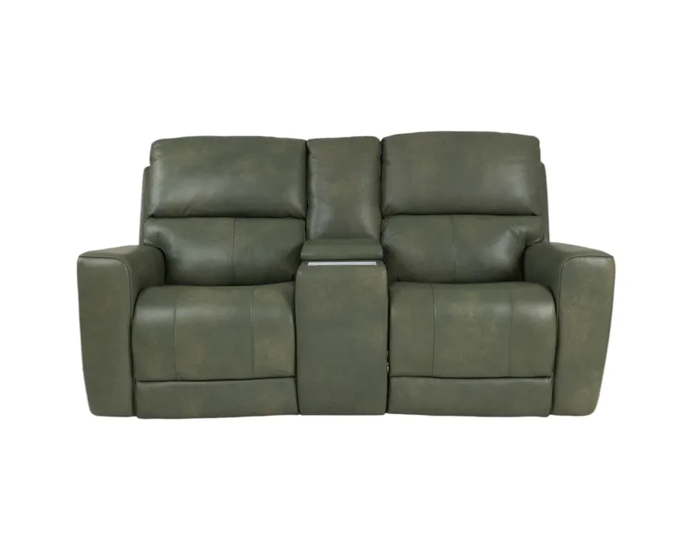 Leather Italia Laredo Leather Power Reclining Loveseat with Console in Sage