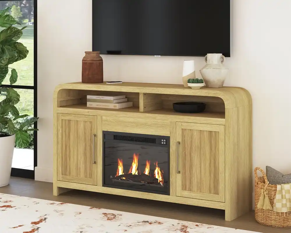 Elements Int'l Ridgemont 62-Inch TV Stand with Electric Fireplace in Natural