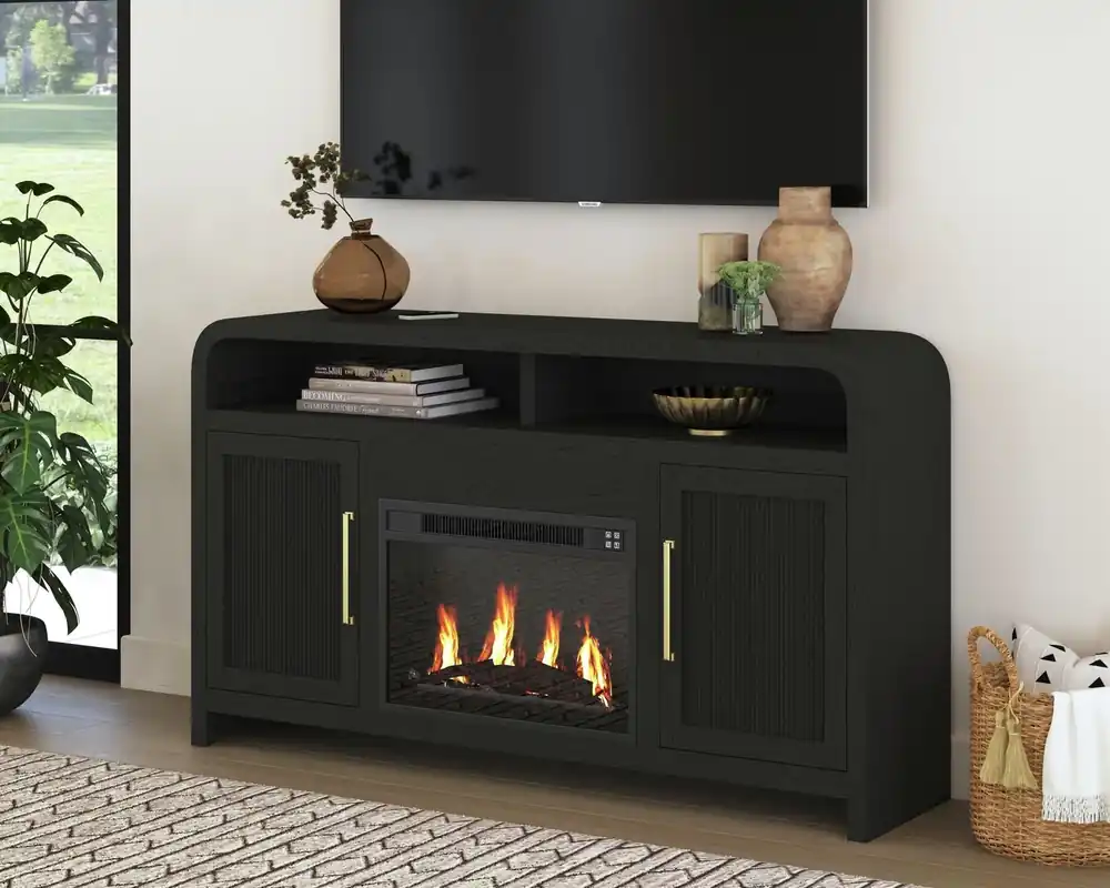 Elements Int'l Ridgemont 62-Inch TV Stand with Electric Fireplace in Black